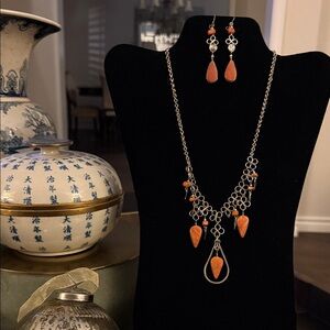 Elegant handmade, alpaca Silver and Orange Jasper earring necklace Set